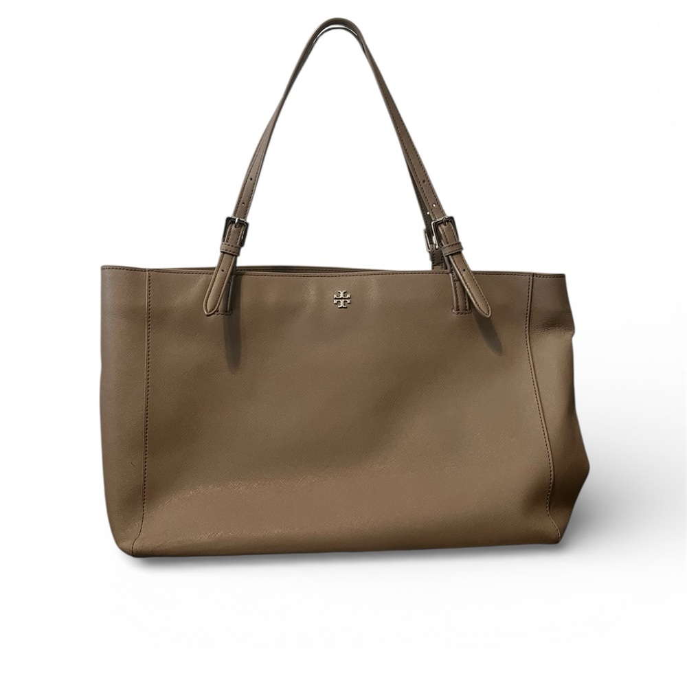 Tory Burch York Buckle Tote Bag in Saffiano Leather and a Grey/Taupe Color Purse